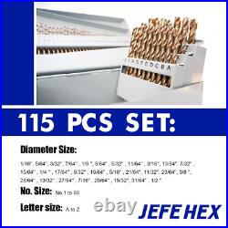 115PCS M35 HSS Twist Jobber Length Cobalt Drill Bit Set 1/16-1/2, A-Z, 1-60 wi