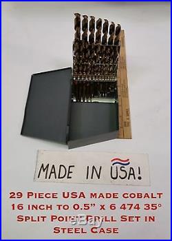 29 Pc Quality Cobalt 1/16 to 1/2 x 64th 135° Split Point Drill Set- Steel box