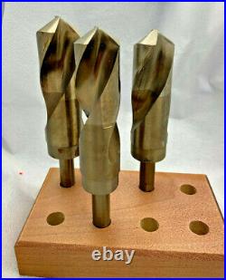 3 PC Drill Set 1-1/6, 1-1/8 & 1-1/4 Cobalt HSS S&D, Silver & Deming, Wood Block