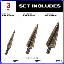 3 Piece Cobalt Step Drill Bit Set Elongated Dual Flute 3-Flat Shank Secure Grip