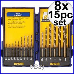 8x 15pc 1/16 to 3/8 Cobalt Drill Bit Set Irwin 316015 New