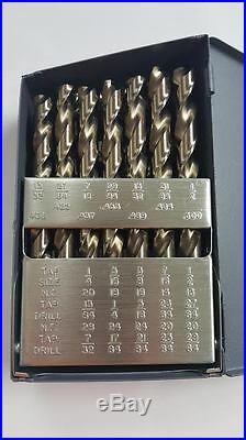 Cobalt Drill Bit Set 29pc Fractional 1/16 To 1/2 By 64ths Made In U. S. A