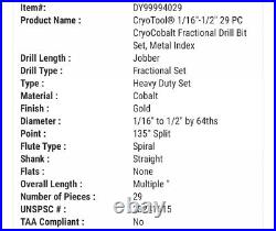 CryoTool 1/16-1/2 29 PC CryoCobalt Fractional Drill Bit Set, Metal Index