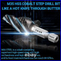 M35 Four Spiral Flute Cobalt Step Drill Bit Set 1/8-7/8, Wear-Resistant Tialn