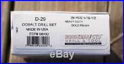 Norseman 29pc COBALT M42 Drill Bit Set 1/16-1/2 Jobber Lengths MADE IN USA D-29