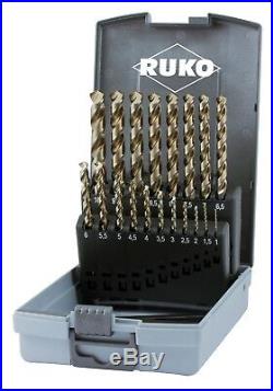 RUKO 19pcs Cobalt Drill Bit Set 1-10mm 3-Surface-Shank HSS-Co5 MADE IN GERMANY