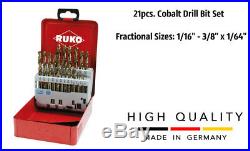 RUKO 21pcs. Cobalt Drill Bit Set HSSE-Co5 Fractional Sizes 1/16 3/8