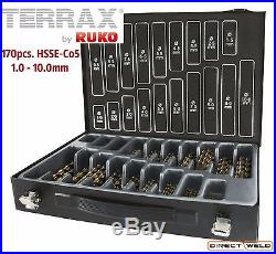 Terrax by RUKO, 170pcs HSSE-Co5 Cobalt Drill Bit Set, 1-10mm increments of 0.5mm